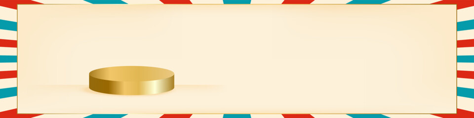 Horizontal layout with gold platform, vintage border and striped blue red beige banner. Ideal for tickets promo header and more. Vector illustration with empty space