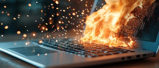 A close-up view of a laptop CPU, its surface emitting intense heat and glowing with a radiant, fiery orange hue.
