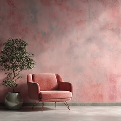 A comfortable armchair stands beside a tree in a pot, against a pink textured wall, evoking a sense of peaceful interior design