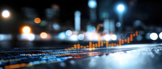 Futuristic digital visualization of glowing, floating market indicators and financial data projected against a minimalist, abstract backdrop.