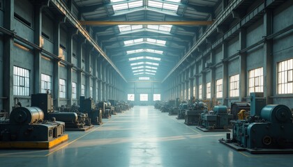 Industrial Warehouse Interior with Machinery and Natural Light