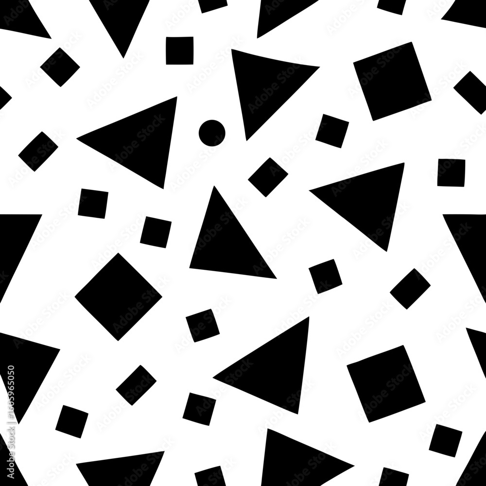 Poster minimalist yet bold black vector pattern with scattered polygon fragments, chevrons, and pixel-like 