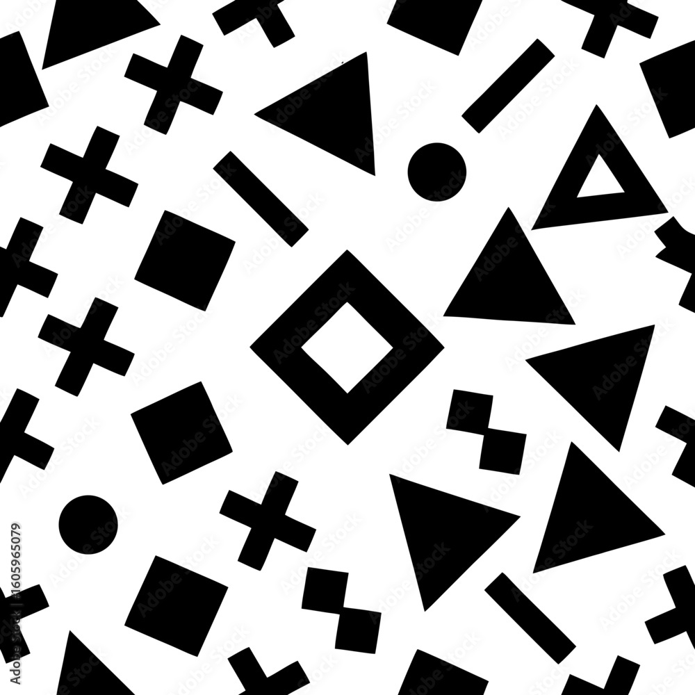 Poster minimalist yet bold black vector pattern with scattered polygon fragments, chevrons, and pixel-like 