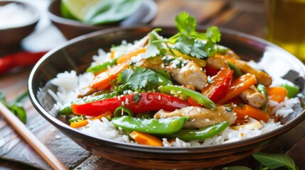 Thinly sliced stirfried vegetables served over a bed of steaming jasmine rice.