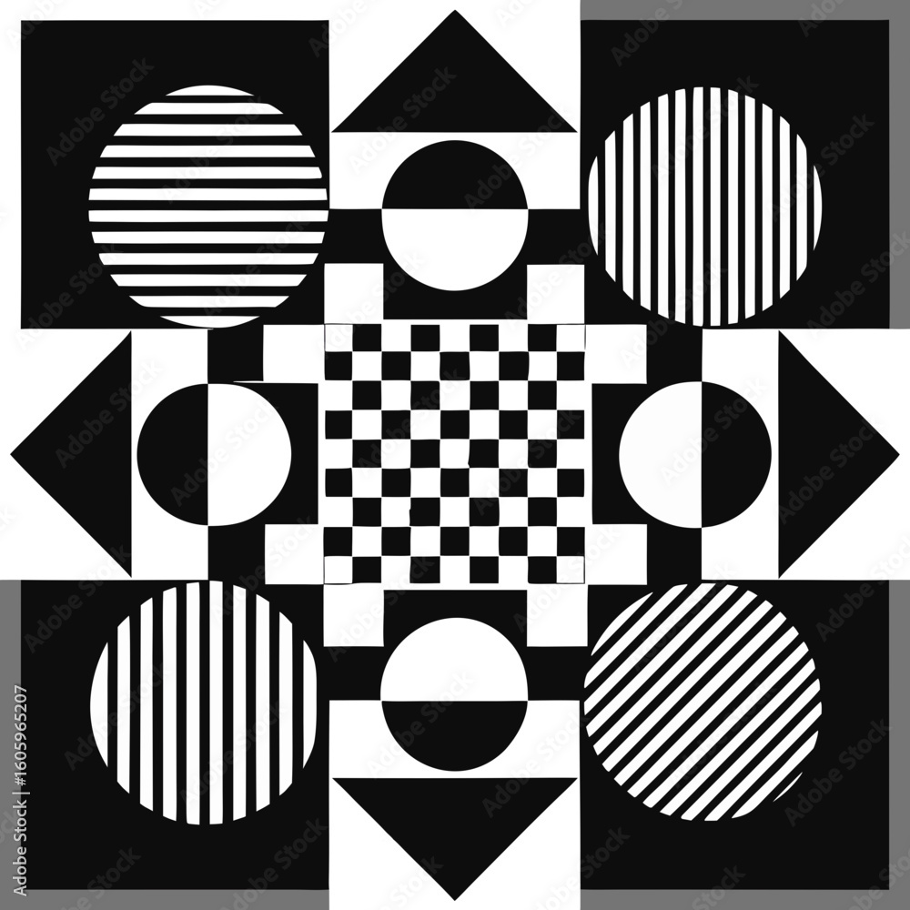 Fototapete Vector Black Bold monochrome grid pattern blending squares, circles, and trapezoids with dynamic rotation, great for editorial layouts and trendy wallpapers (1)