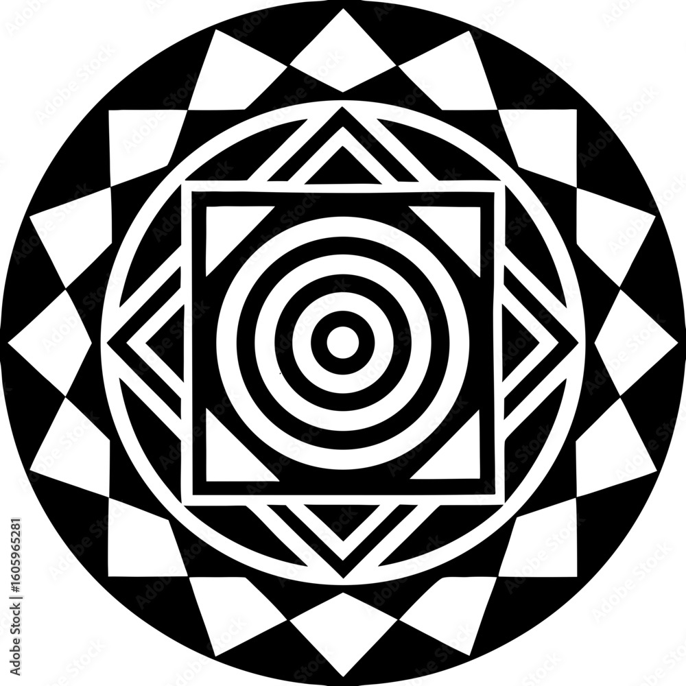 Poster high-contrast geometric layout in black layered concentric circles vector design, sharp zigzags, and