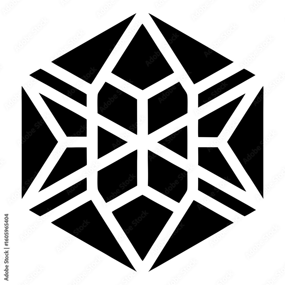 Poster a bold black geometric pattern vector featuring interlocking hexagons, triangles, and negative space