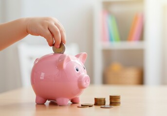 Child's First Savings: Pink Piggy Bank and Coin