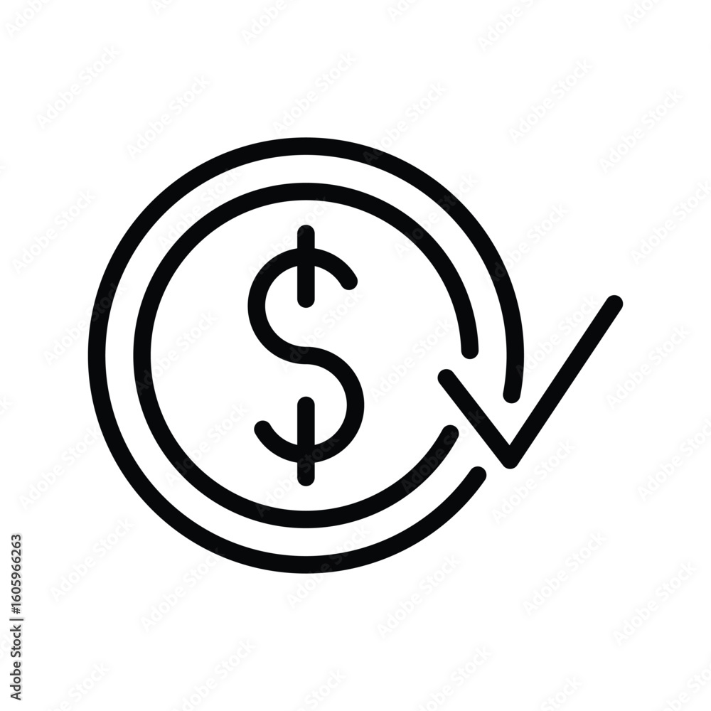 Poster outline art of a coin featuring a dollar sign with an encircling arrow pointing downwards and transf