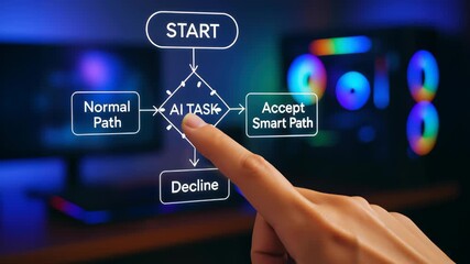 Artificial intelligence automation technology with hand and finger selecting smart task decision path for automatic acceptance or decline process - Powered by Adobe