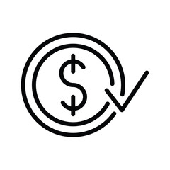 Outline art of a coin featuring a dollar sign with an encircling arrow pointing downwards and transforming into a checkmark