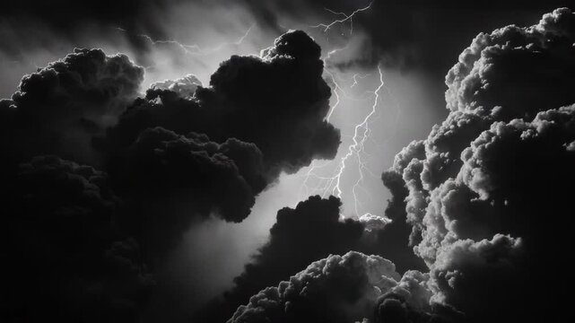 Dramatic Dark Clouds and Lightning Strikes in Stormy Night Sky with Ominous Atmosphere Above Landscape