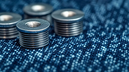 Four metallic cylindrical parts on denim fabric.