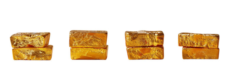 Shiny gold bars stack against white background. Concept for finance, investment, wealth. Use for marketing, design, editorial, web.