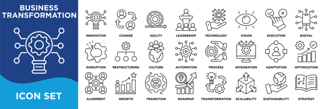 BUSINESS TRANSFORMATION icon collection set. Containing strategy, innovation, change, agility, leadership, vision, execution, digital, disruption, restructuring icon. Simple line vector.	