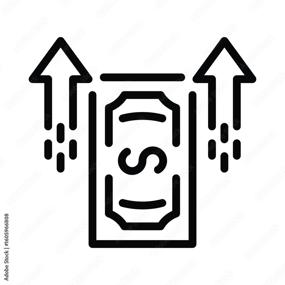 Poster rising currency value dollar bill with upward arrows and dashed lines
