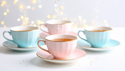 Fototapeta premium Delicate tea set in serene composition: A close-up captures a refined tea set, showcasing pastel-colored cups and saucers arranged to evoke tranquility. The scene is softly illuminated.