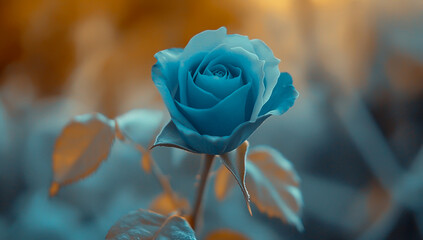 A delicate blue rosebud with petals and stems in soft shades of light orange, set against a blurred background that evokes soft, diffused light.