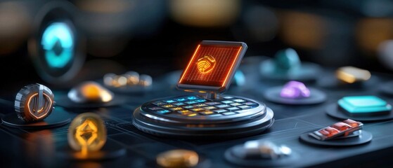 A sleek and modern solar-powered calculator with a futuristic digital interface and advanced features for scientific and financial calculations.