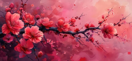 A vibrant, artistic depiction of cherry blossoms on a branch against a colorful background.
