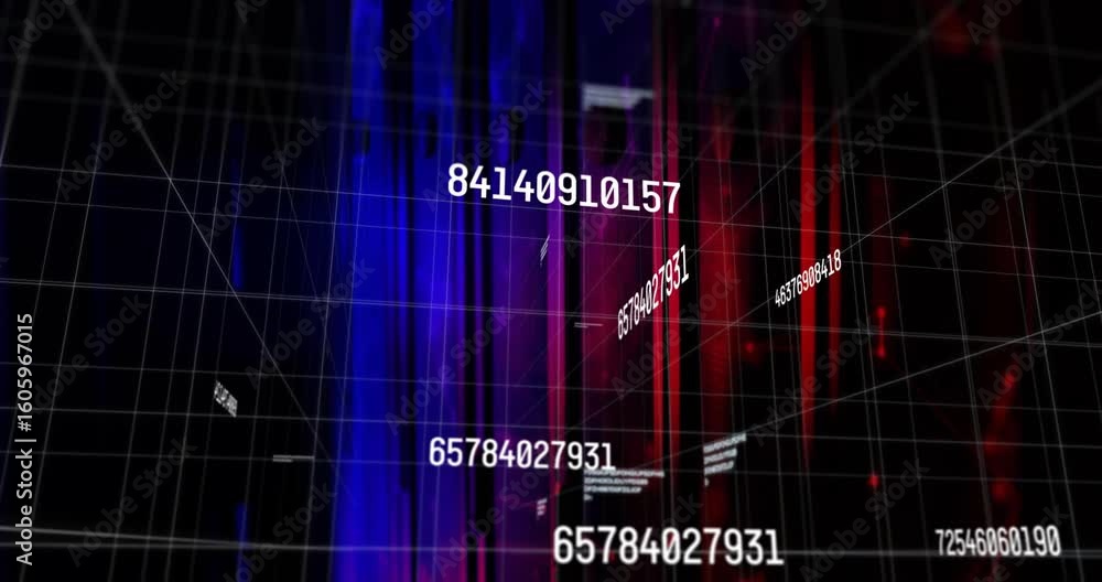 Poster blue red bars emerging activating numeric clusters morphing across 3d wire grid visualizing data
