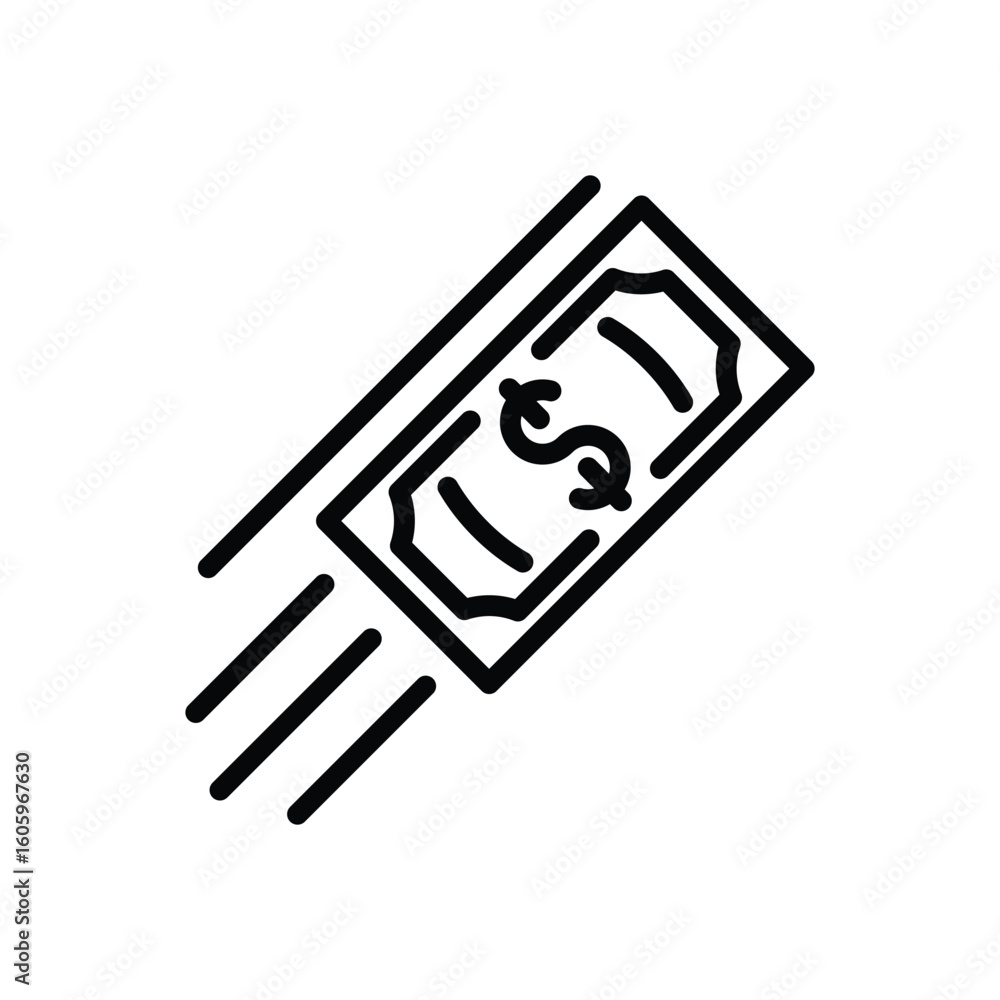 Poster stylized dollar bill icon with motion lines representing fast transactions