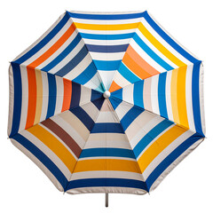 Colorful Beach Umbrella: A vibrant, open beach umbrella, radiating summer vibes. Its bold stripes in multiple colors create a cheerful and inviting atmosphere.