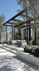 A striking steel pergola dominates this minimalist patio offering a pristine backdrop for outdoor living. The carefully arranged geometry of the pergola produces dynamic shadow patterns