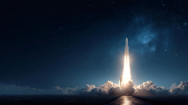 A rocket launching, a symbol of rapid growth. A minimalist graphic of a single, sleek rocket taking off, leaving a clean trail of smoke and heading towards the stars.