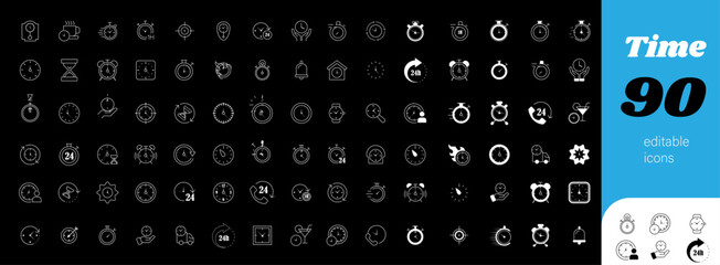 Time icon set | Icon set with clock for stopwatch, timer, alarm | Vector illustration in modern thin line style of clock-related white colour editable clock icons | Pictograms and infographics