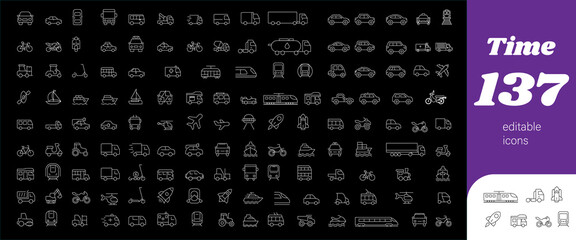 Vehicle icon set | Icon set with aircraft, watercraft and land vehicle | Vector illustration in modern thin line style of vehicle-related white colour editable icons | Pictograms and infographics