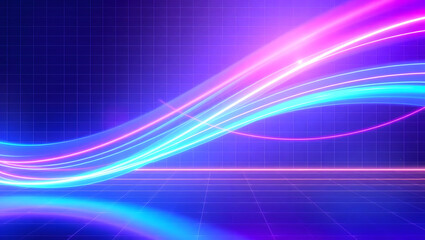 Obraz premium Abstract futuristic background with glowing neon light trails moving at high speed over a digital grid.