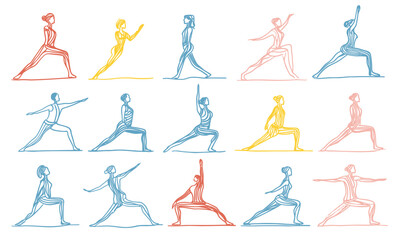 Colorful line art illustration showcasing various yoga poses on a clean white background design layout