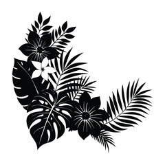 tropical flowers and leaves on a white background.