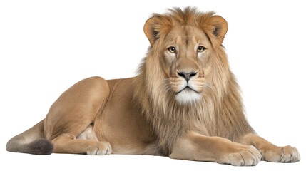 Obraz premium Lying lion isolated on transparent background with calm expression
