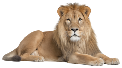 Lying lion isolated on transparent background with calm expression