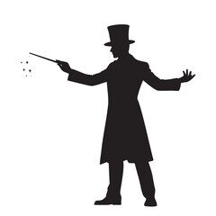 Silhouette of a Magician Performing Magic with Wand and Top Hat