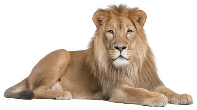 Lying lion isolated on transparent background with calm expression