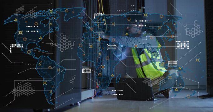 Network technician adjusting cables on phone, revealing world map overlay for troubleshooting