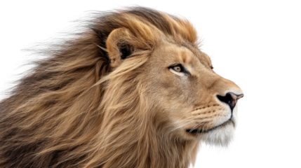 Isolated lion transparent background with flowing mane and focused
