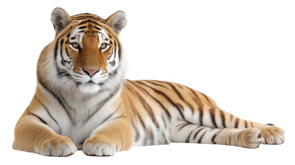 Fototapeta premium Tiger isolated transparent background lying down with calm