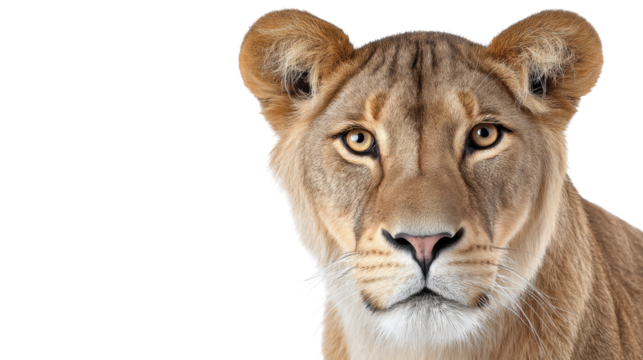 Lioness isolated on transparent background with intense look