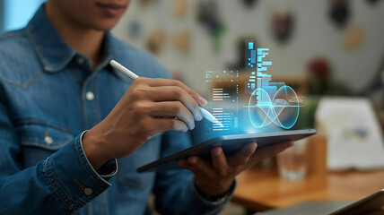 Person using a stylus on a tablet displaying a futuristic holographic building design with glowing blue lights