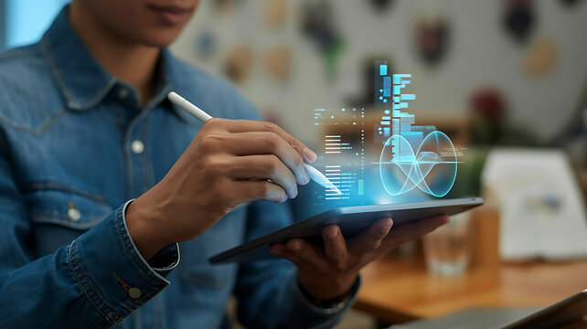 Person using a stylus on a tablet displaying a futuristic holographic building design with glowing blue lights