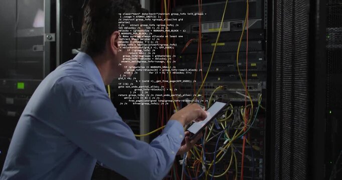 IT technician kneeling at server rack tapping tablet initiating code overlays verifying diagnostics