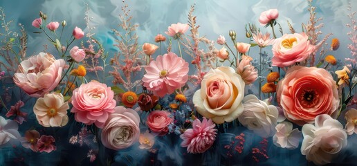 A vibrant arrangement of various flowers in soft colors against a dreamy background.