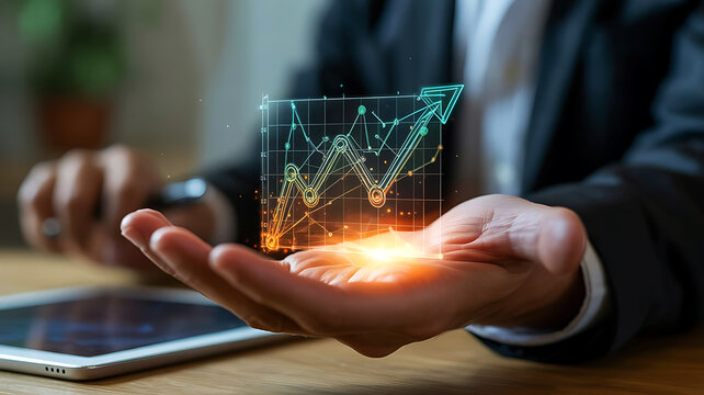 Businessman holding a glowing holographic financial stock market graph showing upward growth and success