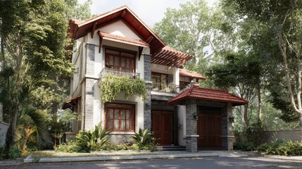 Two-story house with traditional architecture, featuring a tiled roof and stone facade, surrounded by lush greenery.