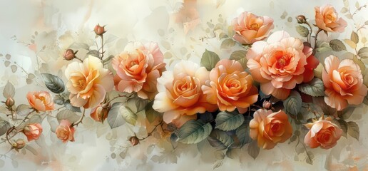 A beautiful arrangement of soft peach roses with green leaves on a light background.