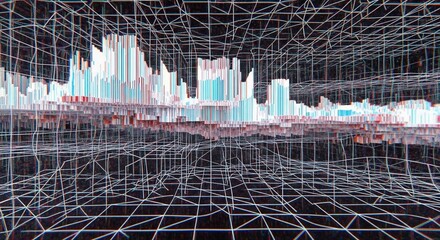 Abstract digital representation of a futuristic city skyline rendered in a wireframe grid structure with glowing blue and white buildings against a dark background.